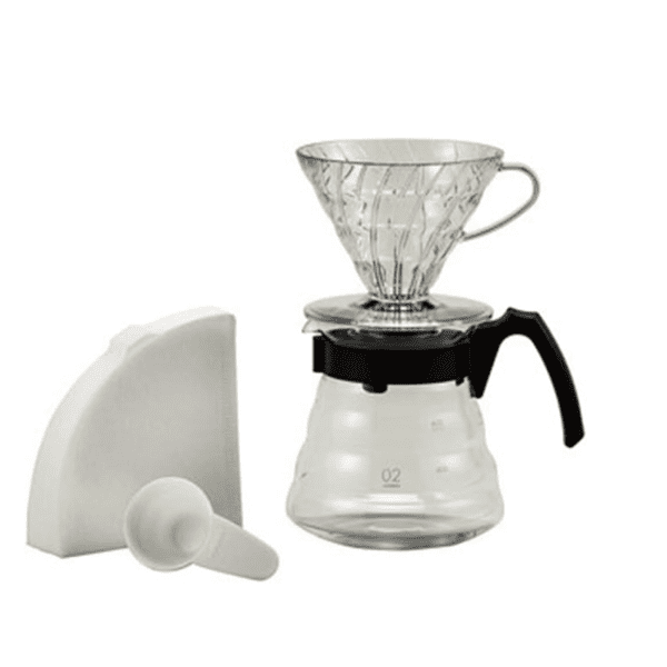 A glass coffee maker with a filter