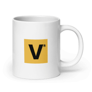 White glossy mug V is for VENDUM